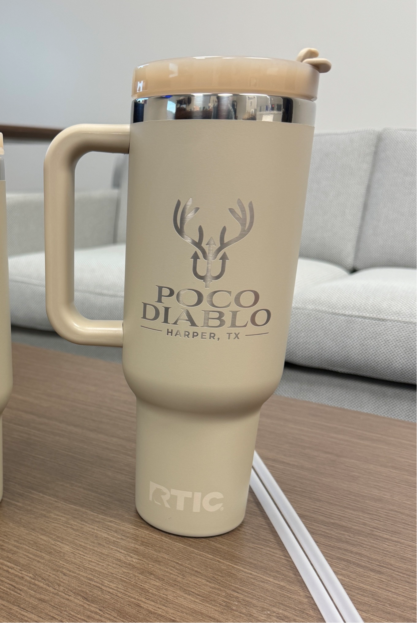Tan RTIC 40 oz Road Trip Tumbler with Poco Diablo logo