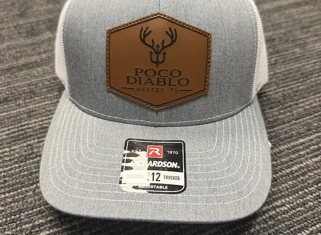 Grey and white mesh Poco Diablo hat with hexagon leather patch